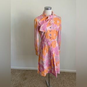 Pink & Orange Floral Tie-Neck Dress
